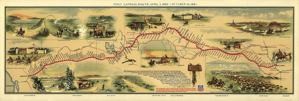 Historic inked map of the  Pony Express Trail